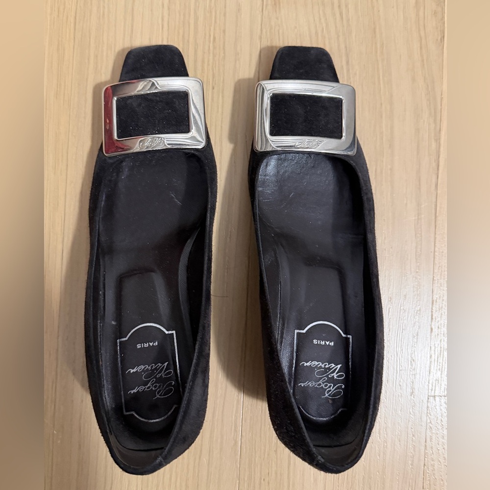 Roger Vivier Black Suede Flats with Silver Buckles